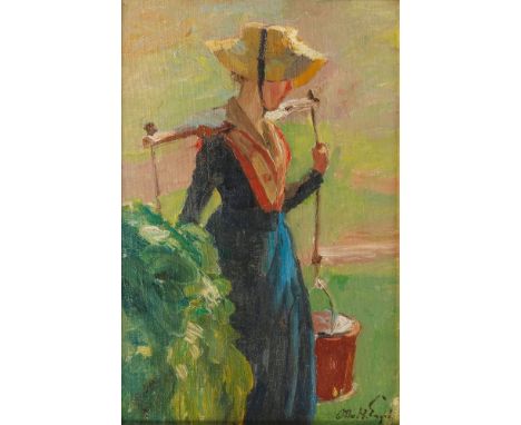 Otto Heinrich Engel (Erbach/Odenwald 1866 - Glücksburg 1949). Friesin mit Eimer in Nieblum auf Föhr. 1908. Öl/Lw./Karton. 38 