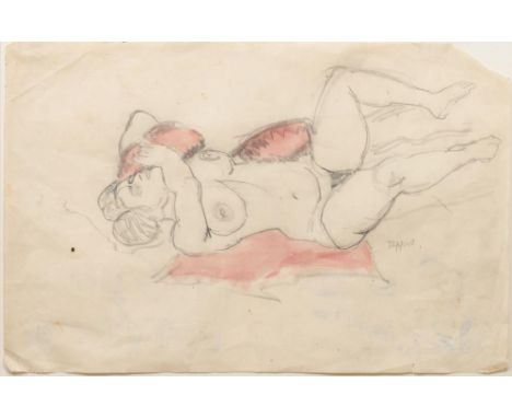 Georg Tappert (Berlin 1880 - Berlin 1957). Betty mit rotem Kissen. 1911. Kolorierte Bleistiftzeichnung. 27 x 41 cm. R. u. sig