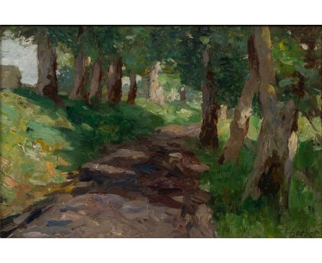 Thomas Herbst (Hamburg 1848 - Hamburg 1915). Schattiger Waldweg. Öl/Papier/Holz. 32,5 x 49 cm. R. u. sign. Herbst, verso Nach