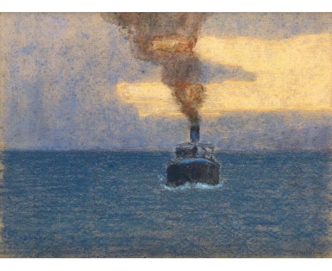 Ludwig von Hofmann (Darmstadt 1861 - Dresden 1945). Dampfer in der Dämmerung. Pastell. 25,5 x 34 cm. R. u. sign. L. v. Hofman