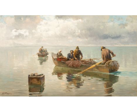 Joseph Wopfner (Schwaz/Tirol 1843 - München 1927). Chiemseefischer. Öl/Lw. 52 x 87 cm. R. u. sign. J. Wopfner.   - Ausstellun