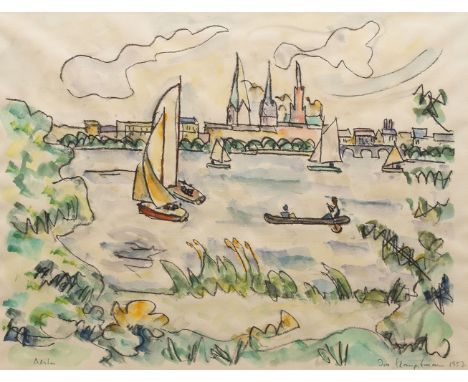 Ivo Hauptmann (Erkner 1886 - Hamburg 1973). Alster. 1952. Aquarell über Kohle. 32,5 x 44 cm. R. u. sign. und dat. Ivo Hauptma