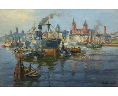 Eugen Dekkert (Stettin 1865 - Garmisch-Partenkirchen 1956). Hafen von Stettin. Öl/Lw. 81 x 121 cm. R. u. sign. Eugen Dekkert.