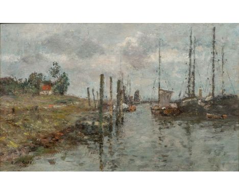 Rudolf Höckner (Wolkenstein 1864 - Bad Mergentheim 1942). Hafen von Schulau. Öl/Karton. 27,5 x 44,5 cm. L. u. sign. und dat. 