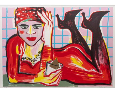 Elvira Bach (Neuenhain 1951). Selbst - Liegend. 2004. Farblithographie. 76 x 105 cm. R. u. mit Bleistift sign. und dat. Bach 