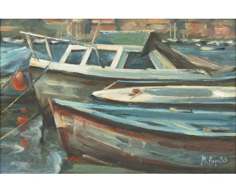 Michael Arp (Eutin 1955 - Grödersby 2013). Boote. 1988. Öl/Karton. 21 x 30,5 cm. R. u. sign. und dat. M. Arp 88.   - Deutsche