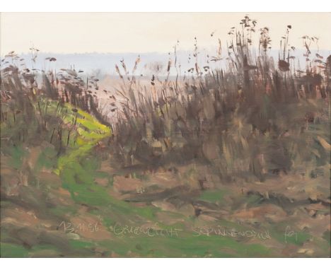 Friedel Anderson (Oberhausen 1954). Störinnendeich. 1986. Öl/Karton. 29 x 39 cm. R. u. monogr. FA, l. u. dat. 13.11.86 sowie 
