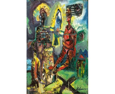 Werner Liebmann (Königsthal 1951). Tobias und der Engel. Öl/Hartfaser. 80 x 58 cm. R. u. sign. Liebmann und undeutlich dat. w