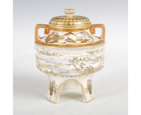 A fine Japanese Satsuma pottery twin handled koro and cover, probably Yabu Meizan, Meiji Period, decorated with a landscape f