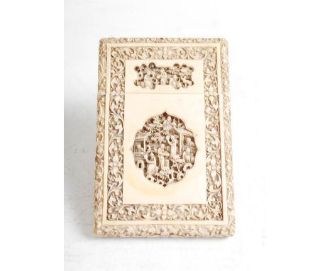 A Chinese ivory card case, Qing Dynasty, carved with shaped panels of figures, pine trees and pavilions, within flower head a