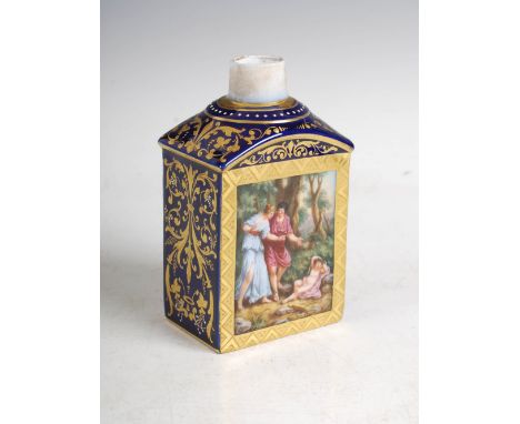 A Vienna porcelain cobalt blue ground tea caddy, decorated with hand painted panels of Diana and Cupid within richly gilded a
