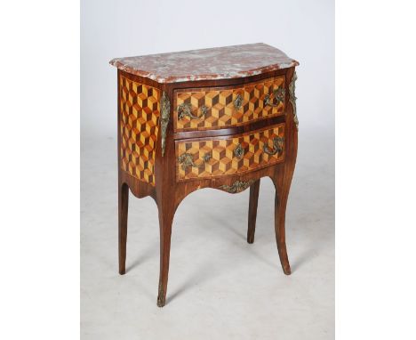 A late 19th century French kingwood, parquetry and gilt metal mounted commode, the red and white marble top above two long dr