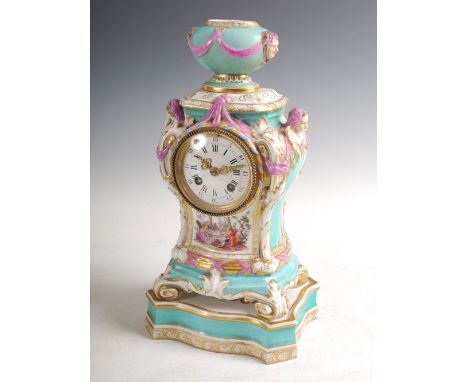 A late 19th century Berlin porcelain mantle clock and stand, the circular enamelled dial with Arabic and Roman numerals, the 