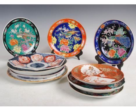 A collection of Japanese and Chinese dishes, comprising; an octagonal Imari dish, 25cm diameter, Japanese blue printed dish, 