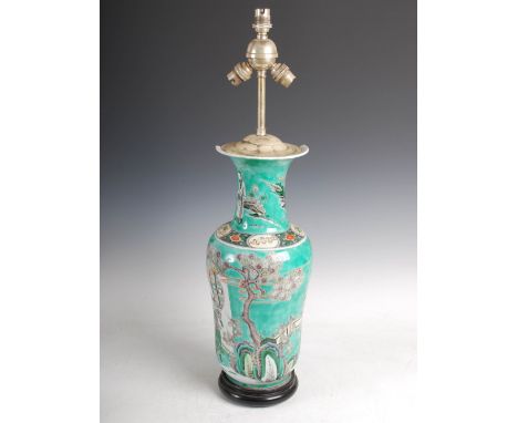 A Chinese porcelain famille verte vase converted to a three light table lamp, late Qing Dynasty, decorated with Court figures