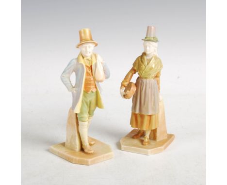 A pair of Royal Worcester figure groups of Welsh figures, the male figure with impressed and puce printed marks, numbered '18