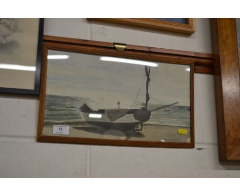 C R B Welford, watercolour study depicting a moored boat on Aldeburgh Beach