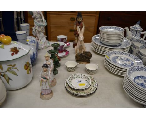 A quantity of decorative china to include two Royal Worcester cups and saucers, metal Irish candlesticks, soapstone carving o