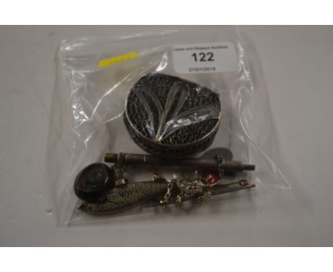 A white metal filigree purse; an 830 chain with enamel ladybird charm; cameo; cuff-links; small 925 bracelet etc.