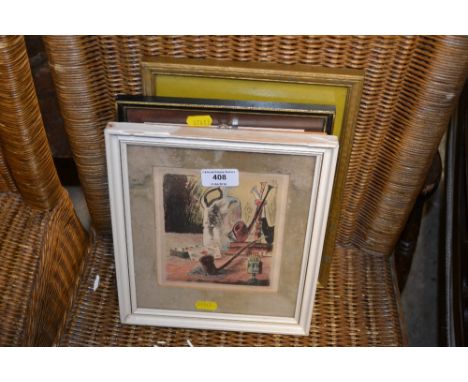 A small watercolour study of a mill; together with a print of Stoke Street, Ipswich; a pencil signed print of a street scene;