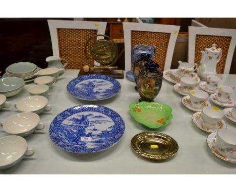 A brass dinner gong on stand; together with a pair of Japanese vases; a blue lustre jug on stand; a Carltonware cabbage leaf 