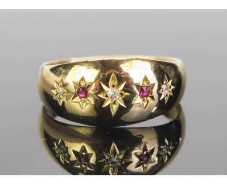 An Edward VII 18ct Gold, Ruby and Diamond Gypsy Ring, Chester 1906, maker RN, size M, 3.94g 