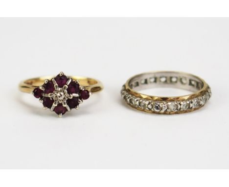 A 9ct Gold, Ruby and Diamond Cluster Ring (14x10mm head, size N, hallmarked, 3.08g) and a 9ct gold and white stone eternity r