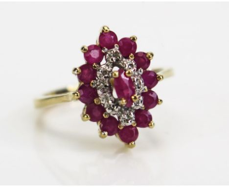 A 9ct Gold, Ruby and Diamond Marquis Shaped Ring, hallmarked, 15.5x12mm, size K.5, 2.32g 