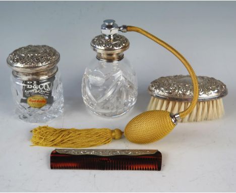 A QEII Silver Mounted Cut Crystal Atomiser, dressing table toiletry pot, brush and comb 