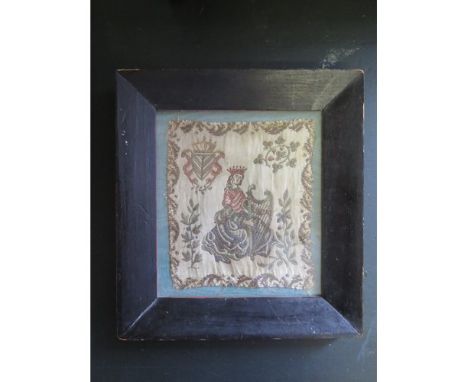 A Antique Irish Needlework Panel, depicting a Crowned Female Figure Playing a Harp. Over All Size 19cm x 20.5cm Framed and Gl