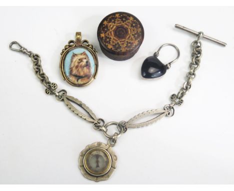 A Victorian Heart Shaped Clip / Pendant (37mm drop), white metal Albert with compass fob, an antique gilt metal swivel fob de