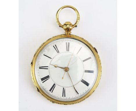 A Victorian 18ct Gold Open Dial Key Wound Pocket Watch with center seconds and stopwatch function, 55mm case with foliate and