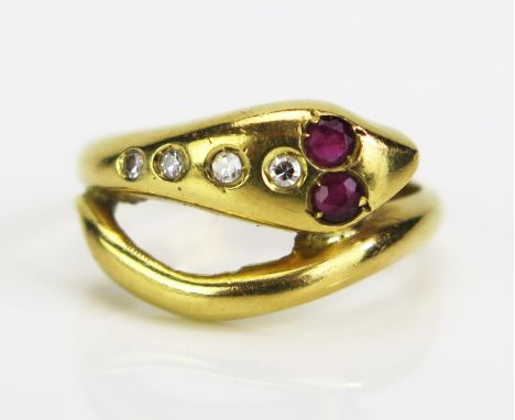 An 18ct Gold, Ruby and Diamond Snake Ring, import marks, c. 2.5mm rubies and largest diamond c. 1.3mm, size L.75, 4.4g