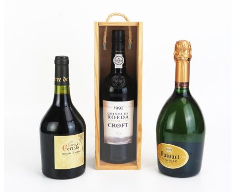 One bottle Croft Quinta Da Roada Vintage Port, one bottle Ruinart Champagne and one bottle, Serre de Cortals Grenache-Carigan