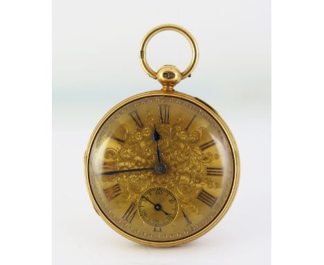 Caleb Elisha 18ct Gold Open Dial Key Wound Pocket Watch with engine turned decoration, the 43mm case with gold dial  having R