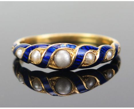 A 19th Century untested Pearl and Blue Enamel Locket Back Ring in an unmarked precious yellow metal setting, shank 5mm at wid