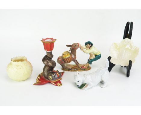 A Beswick 'Spaniard Pulling a Donkey' Ornament (1223), Herend Porcelain Candlestick modelled as a dolphin (14cm), Royal Copen