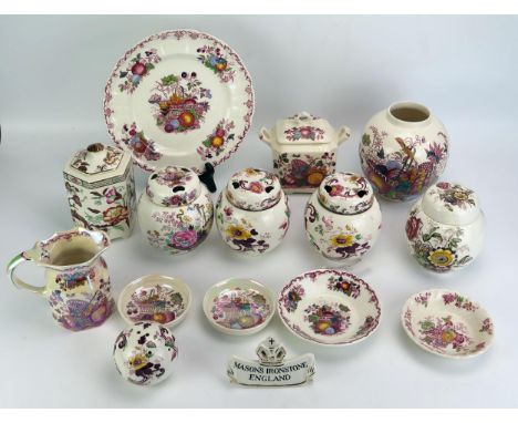 A small collection of Mason's "Fruit Basket" pattern wares, includes vase, jug, sugar basin and cover together with other puc