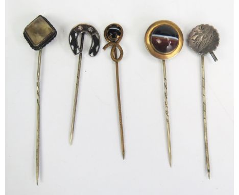 Five Antique Stick Pins including banded agate 