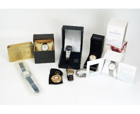 A Selection iof Wristwatches including a gold plated half hunter pocket watch (running, A/F), SKAGEN, TIMEX, SEKONDA, WINTON,