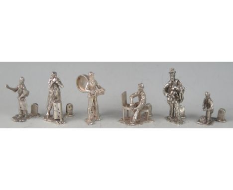 A set of six Elizabeth novelty place name holders, maker Thomas Charles Jarvis, London, in the form of Cries of London, inclu