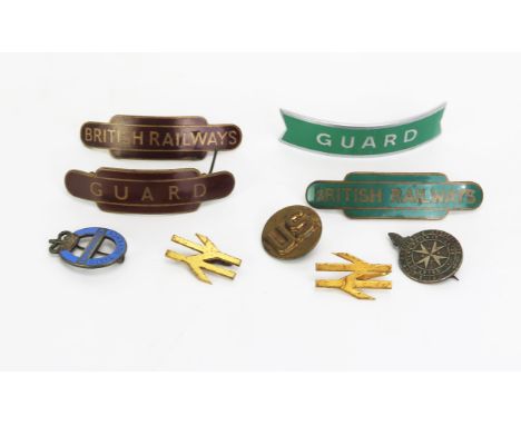 A Green enamel and brass British Rail cap badge, a similar maroon and brass badge, two guards' badges and various other lapel