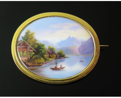 An Antique Geneva Enamel Oval Brooch decorated with a lakeside scene in a precious yellow setting, 44.5x37mm, KEE tested as 1
