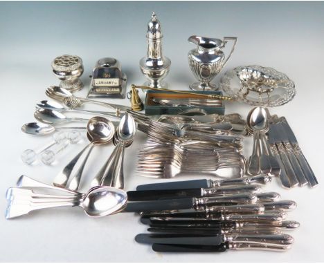 A collection of plated wares including sugar caster, cream jug, sugar basin, flat wares, posy holder, fruit knives and forks,