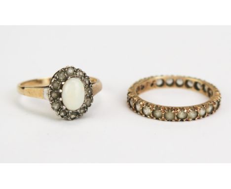 A 9ct Gold, Opal and White Stone Cluster Ring (12x10mm head, size O, stamped 9CT, 2.2g) and a 9ct gold and white stone eterni