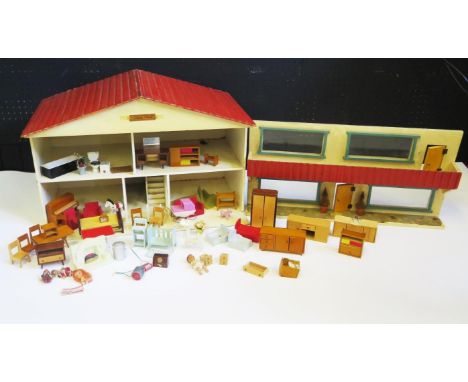 Vintage 1970's Dolls House with period furniture &amp; accessories including Spot-on Lawn Roller 