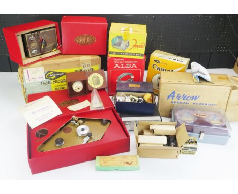 A Gramdeck tape recorder,  another tape recorder, assorted valves,  headphones and accessories. 