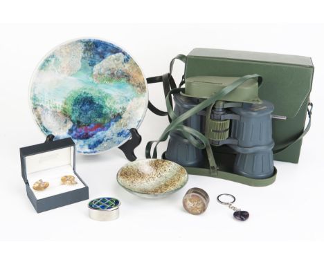 A mixed assortment of collectables including a pewter and enamel box, ammonite cuff links, glass dish by Jo Downs, a pair of 