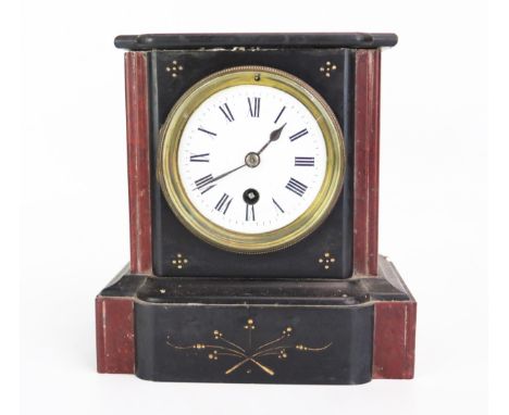 A Victorian polished slate and marble mantel timepiece, of rectangular outline with 9cm enamel Roman dial, on a shaped plinth