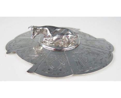 A Victorian silver circular butter dish cover, maker Henry Wilkinson &amp; Co, Sheffield, 1859, the handle in the form of a r